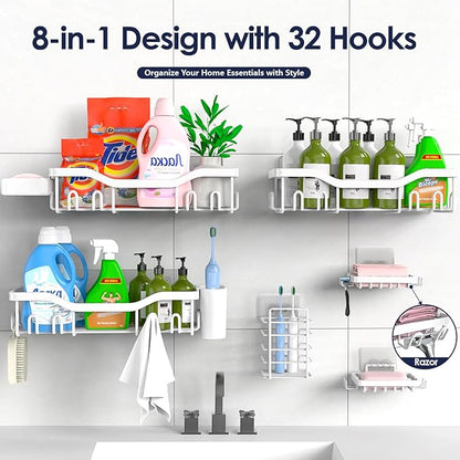 NESOMI Shower Caddy Adhesive Shower Organizer 8-Pack, Rustproof Stainless Steel Bathroom Shelves, Large Capacity No-Drill Rack Storage Accessories with Soap Dish Toothbrush Holder Hooks