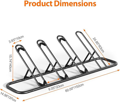 Mr IRONSTONE Floor Bike Rack for Garage, Indoor/Outdoor Bicycle Storage Stand, Parking Rack for Mountain, Road & Kids Bikes (Black, 4-Slot)