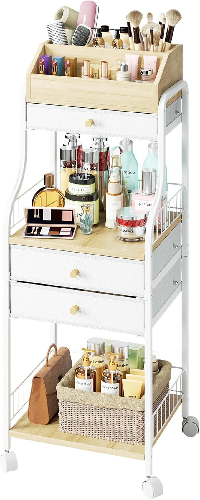SWTYMIKI Rolling Makeup Organizer Cart - Floor Skincare Storage with Non-woven Drawers, Vanity Organizer Cosmetic Display Cases with Wheels, Cabinet for Skin Care Perfume Nail Polish Brush Hair Tool