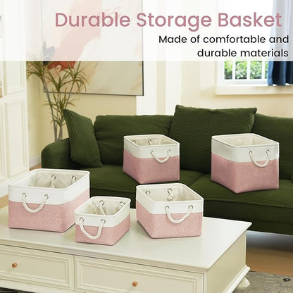 Storage Baskets for Shelves 11.8x7.9x5.2 Inch, Foldable Fabric Storage Bins with Handles, Small Storage Baskets for Organizing Closet, Office, Home Organization (1-Pack, White&Pink)