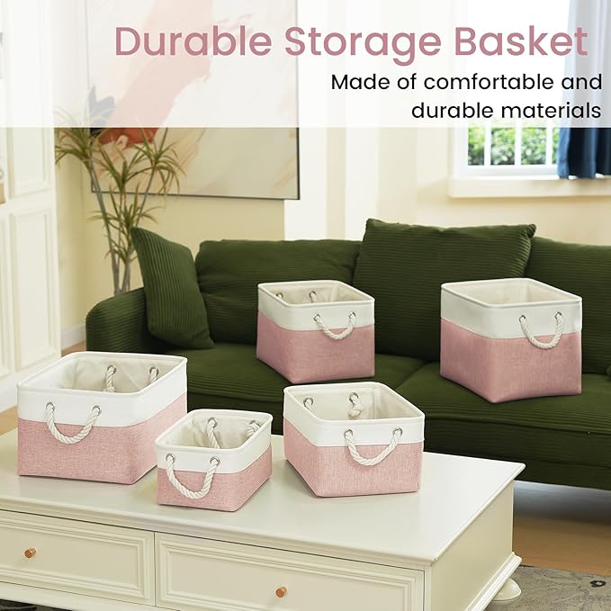 Large Storage Baskets- 15x11x10 inch Storage Bins for Shelves and Closet Organizing, Foldable Fabric Bin for Home Organization Clothes and Laundry (3-Pack, White&Pink)