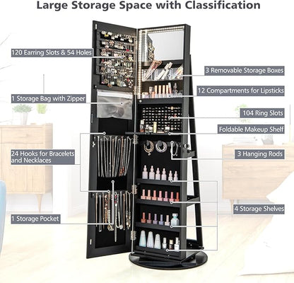 Multigot 3-Color LED Lights Jewellery Cabinet, 3-in-1 360° Swivel Jewelry Armoire with Full-Length Mirror, Lockable Cosmetic Storage Organizer for Dressing Room Living Room Bedroom (Black)