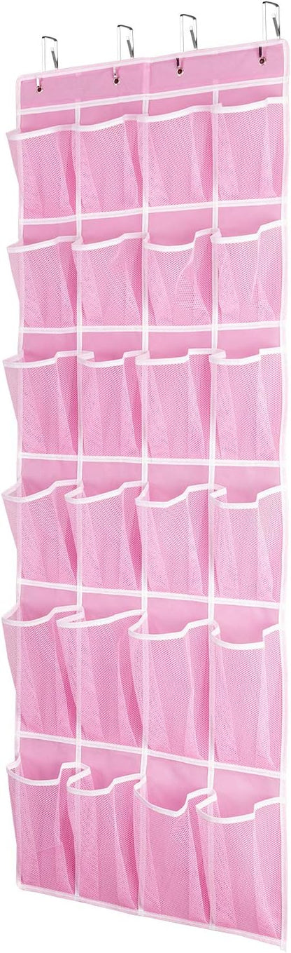 SAVERHO Hanging Shoe Organizer, Over The Door Shoe Organizer with 24 Breathable Mesh Pockets for Men Women Kids Hanging Shoe Storage Rack Organizer Size:58x21 Inch（Pink）