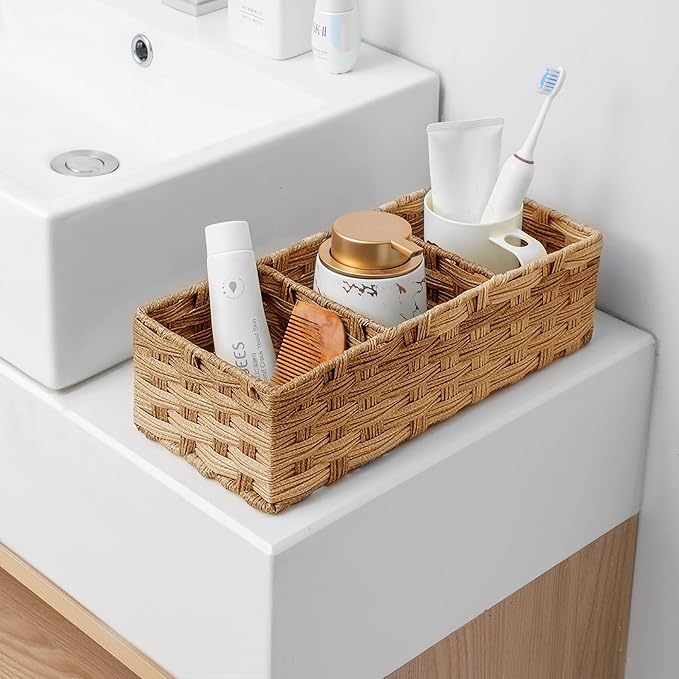 Toilet Tank Topper Paper Basket Multiuse Hand Woven Plastic Wicker Basket Bins with Divider for Shelves Rustic Farmhouse Bathroom Decor Countertop Light yellow