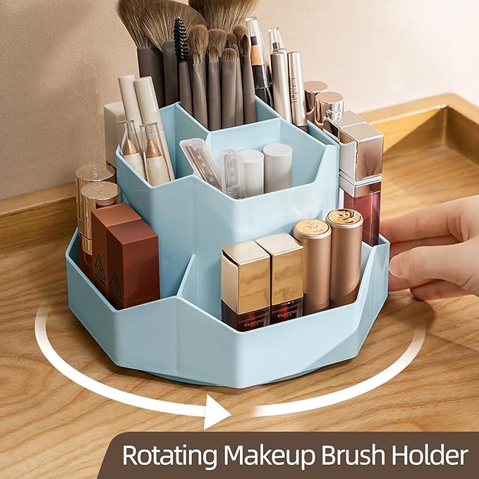 360° Rotating Makeup Brush Holder Organizer with 9 Slots, Makeup Organizers Countertop, Makeup organization and Skincare Storage for Vanity, Desktop, Bathroom (BLUE)