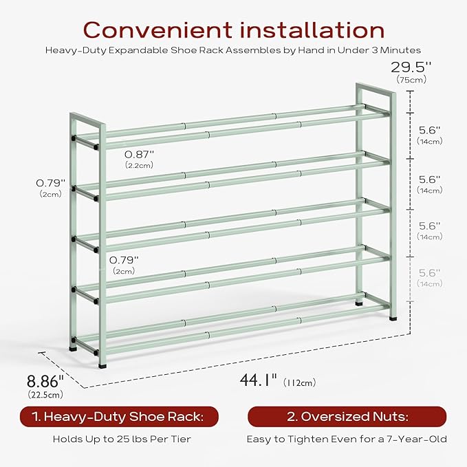 Bumusty 5-Tier Long Expandable Shoe Rack for Closet, 18"-44" Adjustable Shoe Rack for Entryway, 25-30 Pairs Large Shoe Organizer Shelf Storage, Sturdy Metal, Green