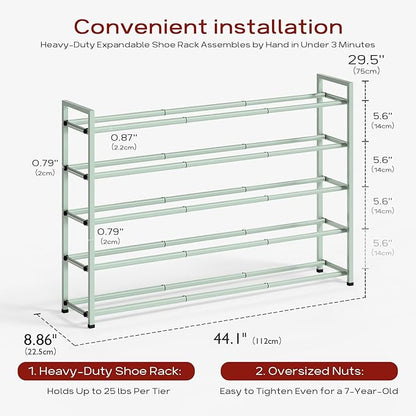 Bumusty 5-Tier Long Expandable Shoe Rack for Closet, 18"-44" Adjustable Shoe Rack for Entryway, 25-30 Pairs Large Shoe Organizer Shelf Storage, Sturdy Metal, Green