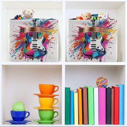 Storage Basket Colorful Guitar Painting Durable Canvas Collapsible Toy Box Organizer Bin with Handles for Shelf Closet Bedroom Home Office