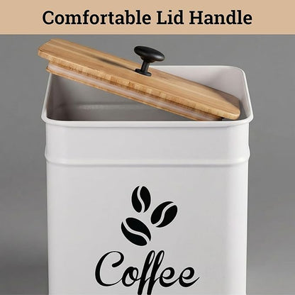 Airtight Coffee Canister - 40 oz Large Iron White Coffee Container Airtight - 6 x 8 inch Metal Jar - Stylish Countertop Container for Coffee Grounds, Beans, Pods & More with Rubber-Lined Bamboo Lid