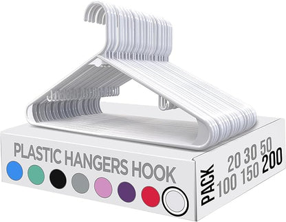 Utopia Home Plastic Hangers 200 Pack - Space Saving Clothes Hanger - Durable & Strong Closet Organizers and Storage with Built-in Strap Hooks - Essential for Shirts, Pants, Skirts & Coats (White)