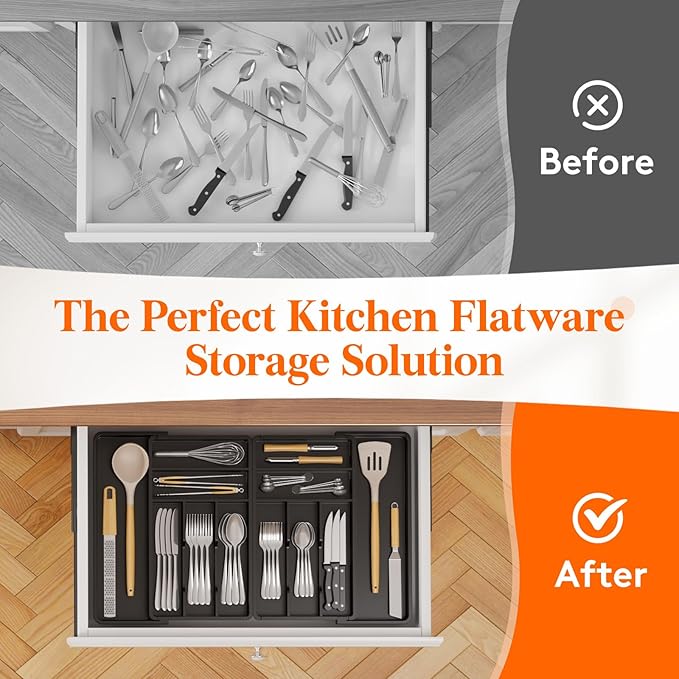Lifewit Silverware Drawer Organizer, Expandable BPA Free Plastic Utensil Tray for Kitchen, Adjustable Flatware Cutlery Holder for Spoons Forks Knives, 18- 28 x 16.7", Black