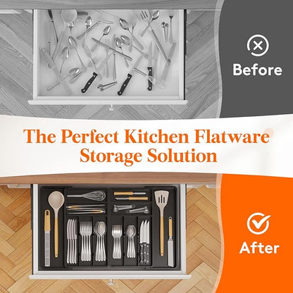 Lifewit Silverware Drawer Organizer, Expandable BPA Free Plastic Utensil Tray for Kitchen, Adjustable Flatware Cutlery Holder for Spoons Forks Knives, 18- 28 x 16.7", Black