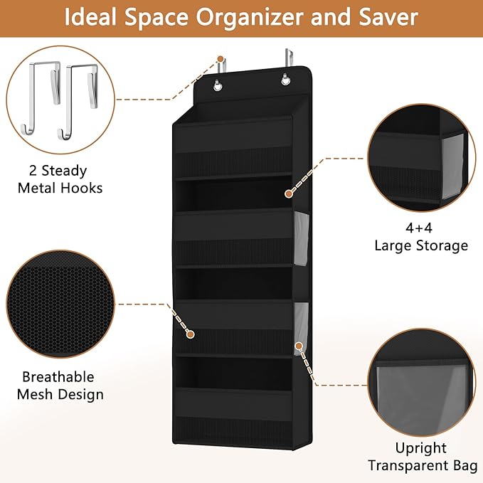 Kaitiemoo 1 Pack 4-Tier Over the Door Organizer, Heavy-Duty Large Deep Pocket Hanging With 4 Large Front & 4 Side Pockets With for Pantry, Kitchen, Bathroom, Dorm, Black