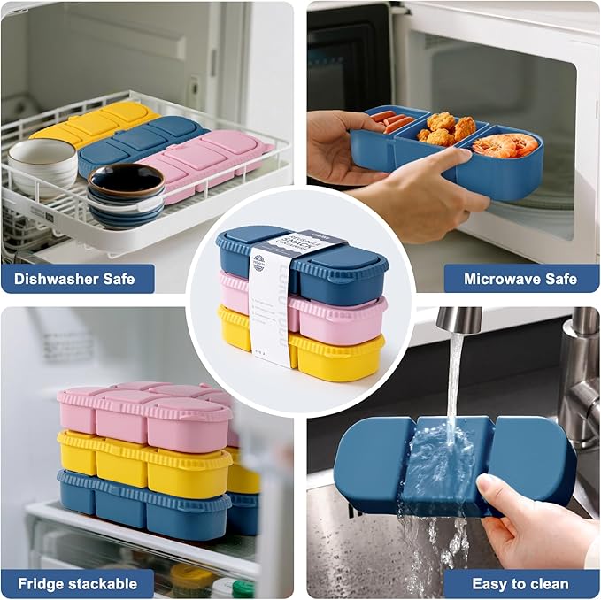 3 Pack Silicone Reusable Snack Containers with Lids - 3 Compartment Snackle Box for Kids & Adults, BPA-Free & Leakproof, Small for Dressing, Sauces, School, Office, Picnic（Blue, yellow, pink）