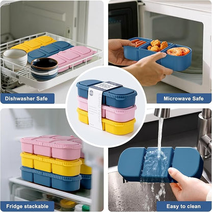 3 Pack Silicone Reusable Snack Containers with Lids - 3 Compartment Snackle Box for Kids & Adults, BPA-Free & Leakproof, Small for Dressing, Sauces, School, Office, Picnic（Blue, yellow, pink）