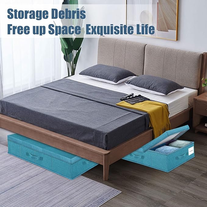 Supowin Underbed Storage Containers Bin with Lids (2pcs) Large Under Bed Storage Organizer Box with Handle, Foldable Under the Storage Bags for Organizing Clothes, Shoes, Blankets, Pillows-Cyan blue