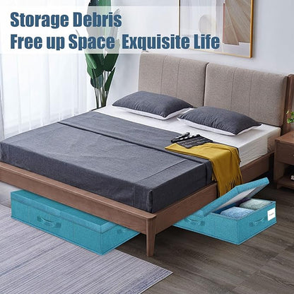 Supowin Underbed Storage Containers Bin with Lids (2pcs) Large Under Bed Storage Organizer Box with Handle, Foldable Under the Storage Bags for Organizing Clothes, Shoes, Blankets, Pillows-Cyan blue