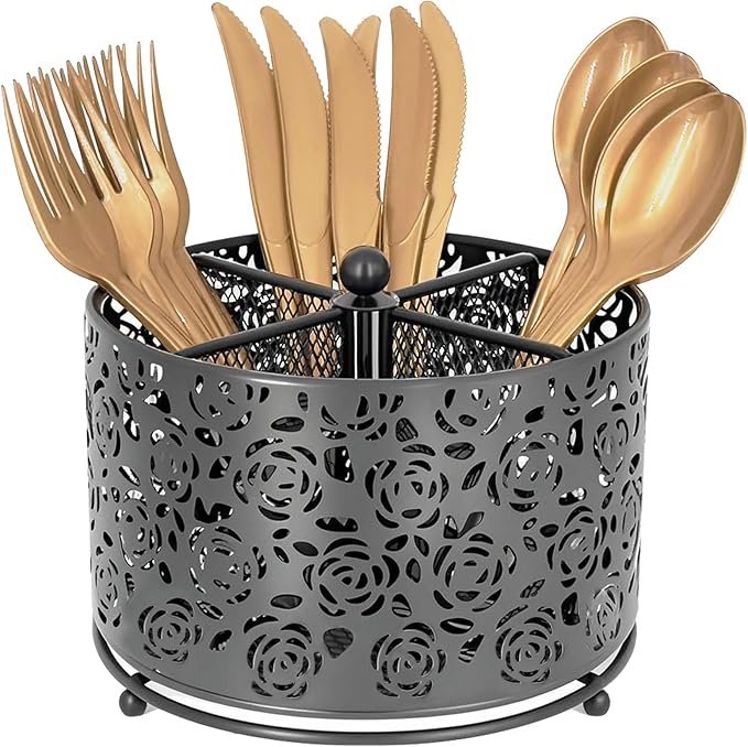 DysanVica 360° Rotating Metal Silverware Caddy - 4 Compartment Utensil Cutlery Holder Fork Spoon Napkin Organizer Flatware Storage Basket Party Countertop Buffet Picnic Camping Outdoor (Black)