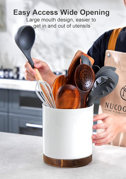 Nucookery 360° Rotating Utensil Holder, 7.2" Large Utensil Crock, White Ceramic Cooking Utensil Organizer with Countertop-Protection Cork Bottom for Farmhouse Kitchen Decor Christmas Gift (White)