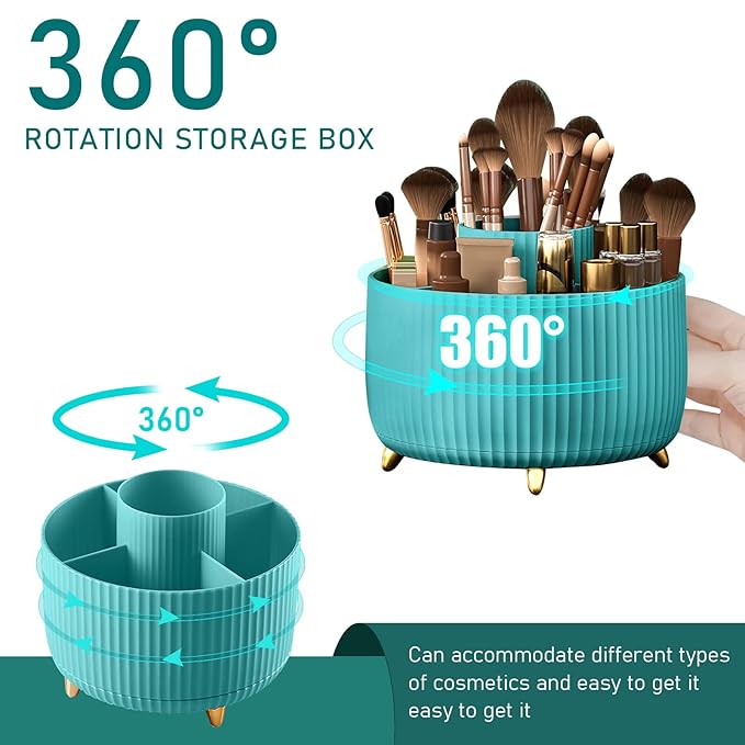 Diesisa 360 Rotating Makeup Brush Organizer With 5 Sections, Spining Countertop Swivel Makeup Brush Holder for Cosmetics, Nail Polish, Art Supply, Bathroom Vanity Desktop Organizer - Blue