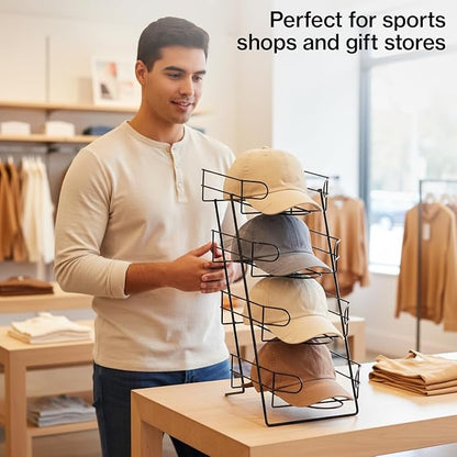 SSWBasics 4-Tier Black Countertop Hat Display Stand for Baseball Caps - Sleek and Sturdy Hat Display Rack for Retail, Home, Vendor Shows - Stylish Organization for Ball Caps
