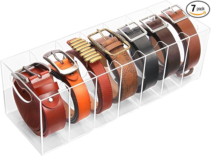 Meaocer Belt Organizer - 7 Compartment Acrylic Belt Display Case for Closet Ties and Bow Ties
