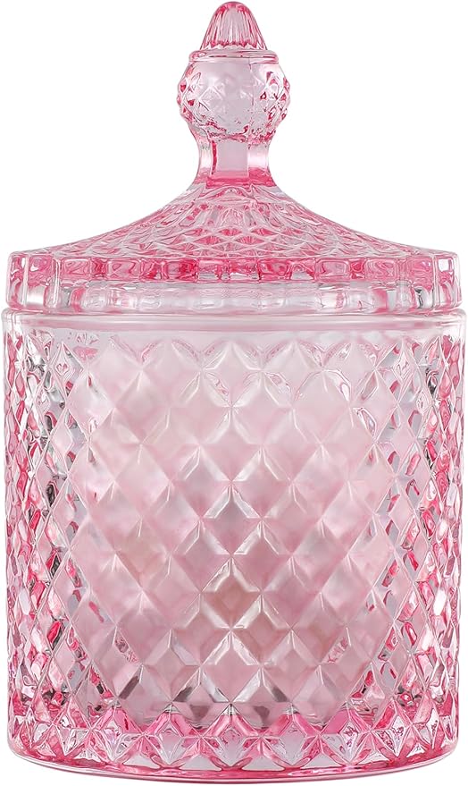 rejomiik Qtip Holder Glass Apothecary Jars with Lid for Bathroom Canisters Dispenser Decor, Storage Organizer for Cotton Swabs, Balls, Pads, Floss Picks, Candy, Pink