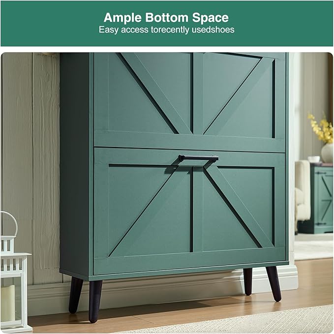 Barnyatoh Shoe Storage Cabinet,Farmhouse Shoe Organizer with 2 Flip Drawers & Barn Door Design,Freestanding Hidden Slim Narrow Shoe Rack Cabinet with Open Storage for Entryway, Foyer,Hallway,Green