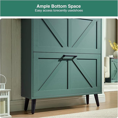 Barnyatoh Shoe Storage Cabinet,Farmhouse Shoe Organizer with 2 Flip Drawers & Barn Door Design,Freestanding Hidden Slim Narrow Shoe Rack Cabinet with Open Storage for Entryway, Foyer,Hallway,Green