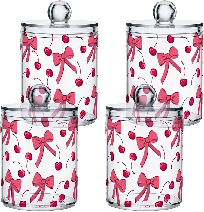ALAZA 2 Pack Qtip Holder Dispenser for Cotton Ball Pink Cherry Bow Cotton Swab Round Pads Clear Plastic Acrylic Jar Set Bathroom Canister