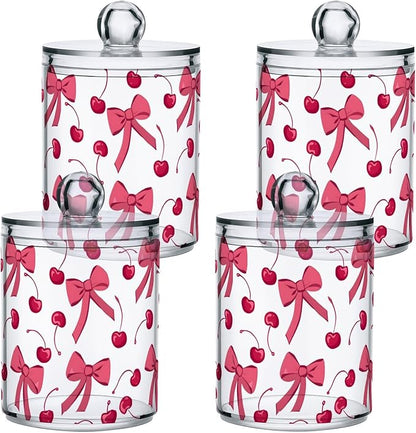 ALAZA 2 Pack Qtip Holder Dispenser for Cotton Ball Pink Cherry Bow Cotton Swab Round Pads Clear Plastic Acrylic Jar Set Bathroom Canister