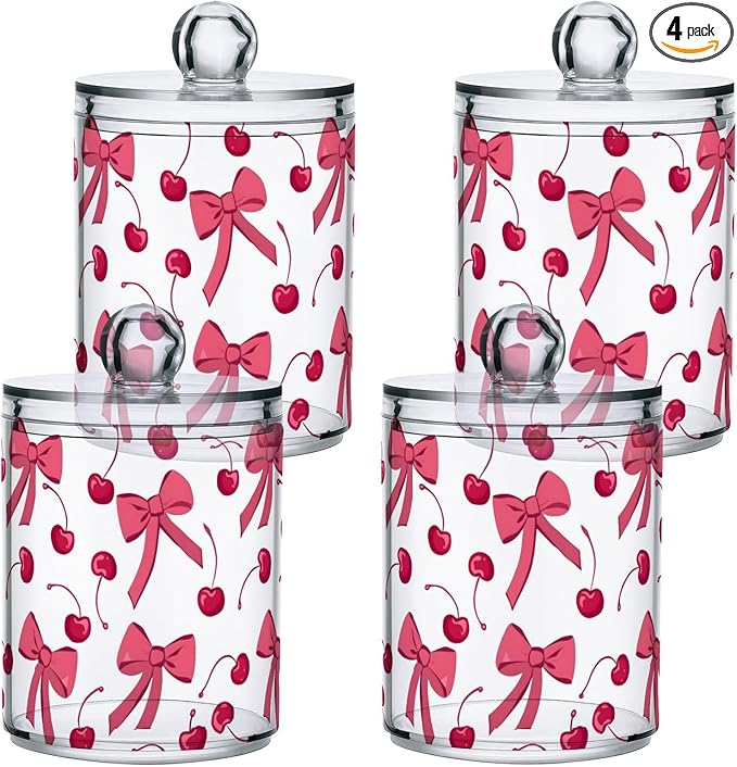 ALAZA 4 Pack Qtip Holder Dispenser Pink Cherry Bow Cotton Ball Cotton Swab Round Pads Floss Clear Bathroom Storage Containers Plastic Apothecary Jars with Lids