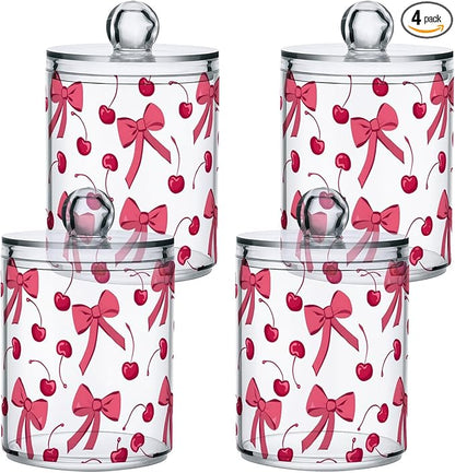 ALAZA 4 Pack Qtip Holder Dispenser Pink Cherry Bow Cotton Ball Cotton Swab Round Pads Floss Clear Bathroom Storage Containers Plastic Apothecary Jars with Lids