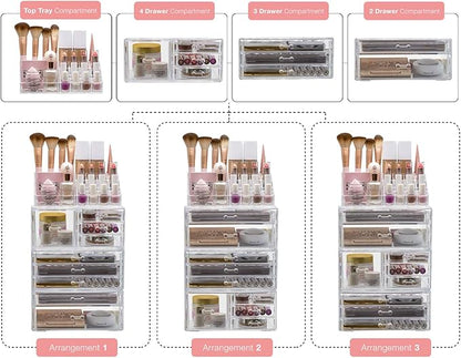 Sorbus Large Clear Makeup Organizer - Detachable 4-Piece Jewelry & Make Up Organizers and Storage Set - Spacious Cosmetic Display Tower - Makeup Organizer for Vanity, Bathroom, Dresser & Countertop