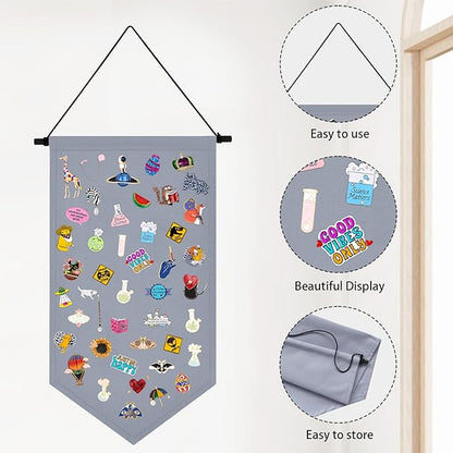 Winmany Wall Hanging Brooch Jewelry Storage Case Canvas Display Stand Enamel Pin Display Banner Holder Earrings Necklace Glitter Pin Collection Organizer (Grey)