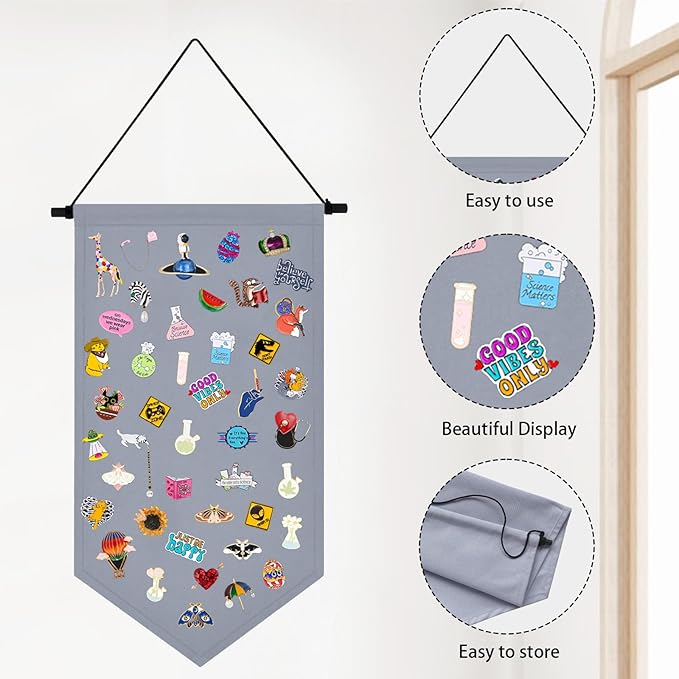 Kunyeah Wall Hanging Brooch Organizer Storage Case Colorful Canvas Pin Board Stand Enamel Pin Badge Hanging Holder Display Banner Earrings Collection Holder - Pins No Included (Gray)