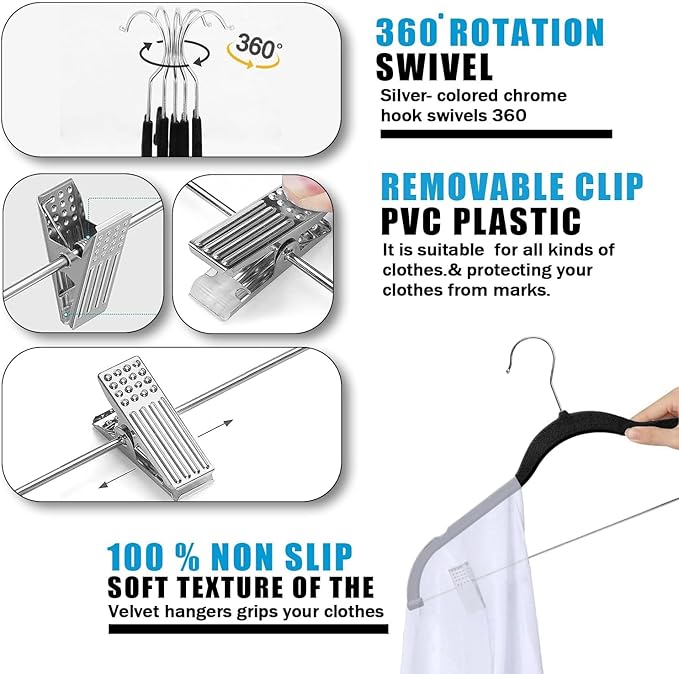 GVTECH Velvet Hangers with Clips, [24 Pack] Metal Clip Hangers for Pants - Notched Skirt Hangers for Pants, Skirts, Suit, Dresses & Shirts 360° Swivel Hook, Non Slip Felt Hanger (White, 24 Pack)