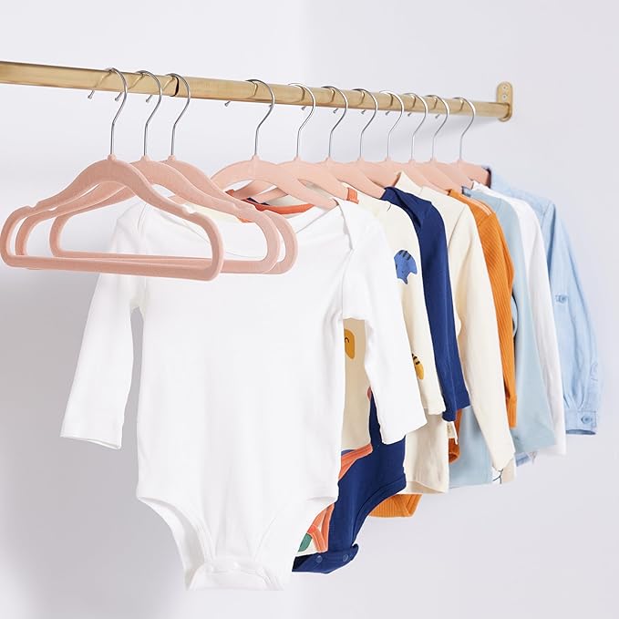 Amazon Basics Kids Space Saving Velvet Non-Slip Clothes Hangers with Shoulder Notches for Infant and Toddler, 11.6", Blush, 50 Count (Pack of 4)