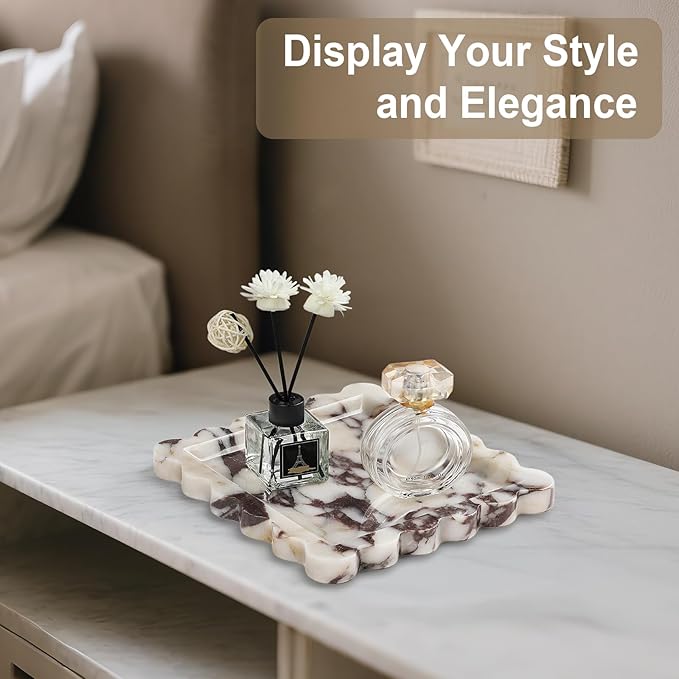 Natural Marble Vanity Tray - Moujings Genuine Marble Perfume Tray for Bathroom Decor, Stone Bathroom Vanity Organizer Tray for Kitchen Counter, Candles, Jewelry, Coffee, Makeup, Key