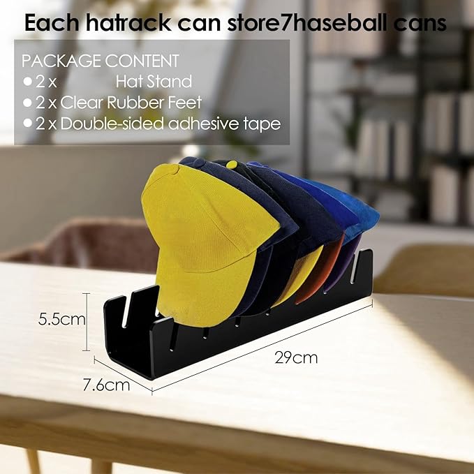 2X acrylic baseball hat display rack, storing 14 baseball caps, suitable for baseball caps in living rooms, bedrooms, wardrobes, and dressing tables,No need to install acrylic hat organizer (black)