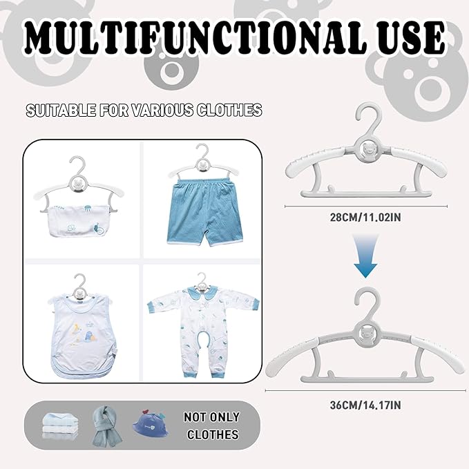 HGYZE Baby Nursery Closet Hangers, Ultra Thin Non-Slip and Extendable Laundry Infant Pant Hanger for Newborn Clothes - 20pcs Grey Gift - Adjustable Children Coat Hanger for Girl Boy Toddler Kids Child