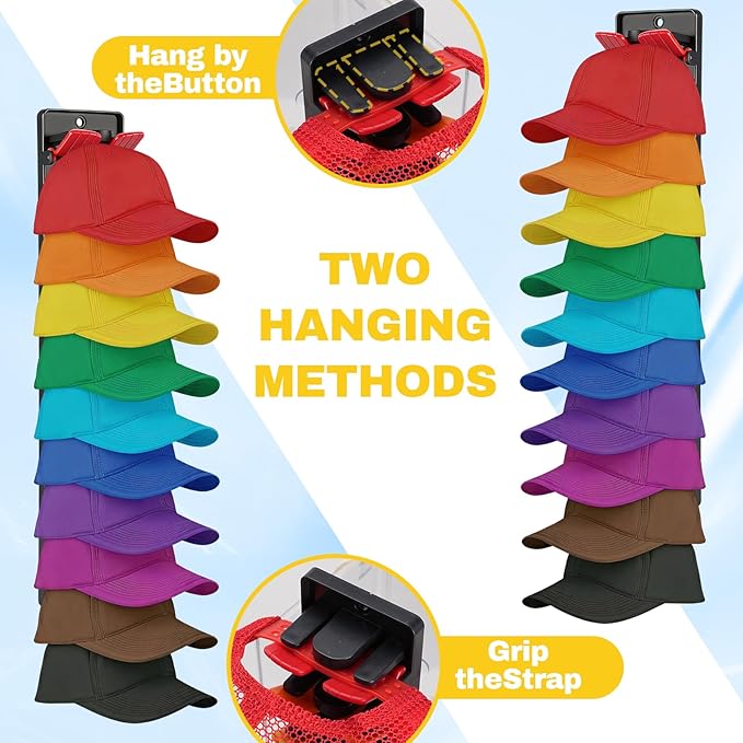 4 Pack Hat Organizer for Baseball Caps Hat - with Built-in Spring Clips Wall Mount Closet Hat Rack Holder Organizer for Baseball Caps Hold Up to 40 Hats Strong Adhesive Hat Storage Display Holder