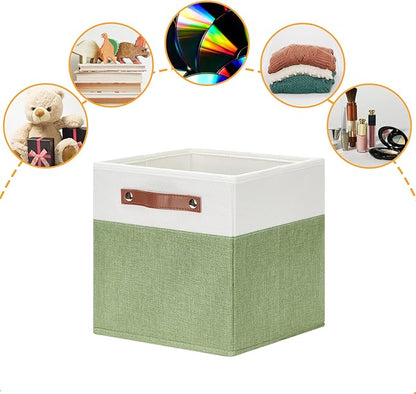 DULLEMELO 11x11 Cube Fabric Organizer Storage Bins for Shelf, Toy Square Green Bins, Kids Clothes Closet Baskets Storage, for Bedroom, Living Room, Dorm(White&Green-4 Pack)