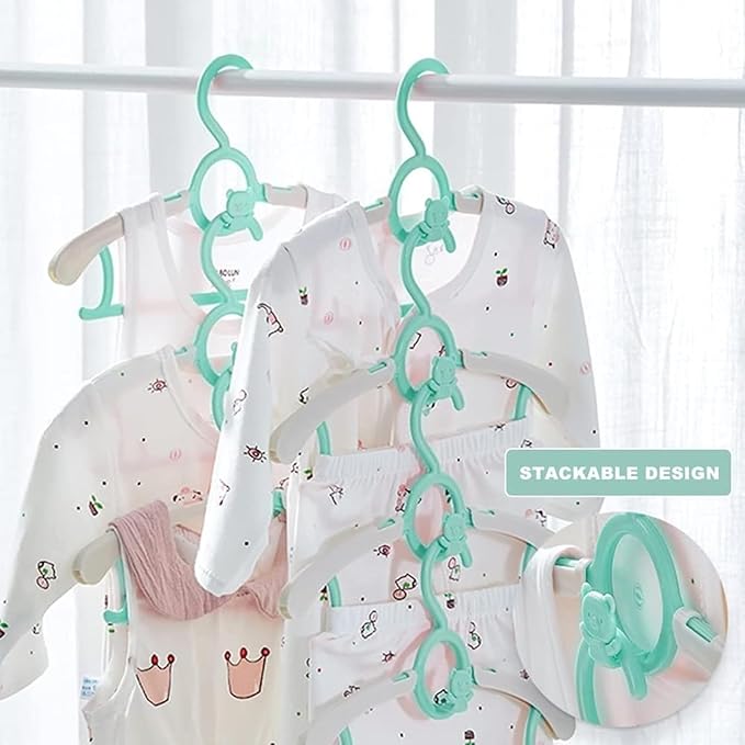 HGYZE Kid Hangers for Closet 50pcs, Green Infant Clothes Hanger 11-14" Adjustable Plastic Baby Coat Hangers with Bear Hook, Non-Slip Children Outfit Hangers for Boy Toddler Newborn Teen Clothing