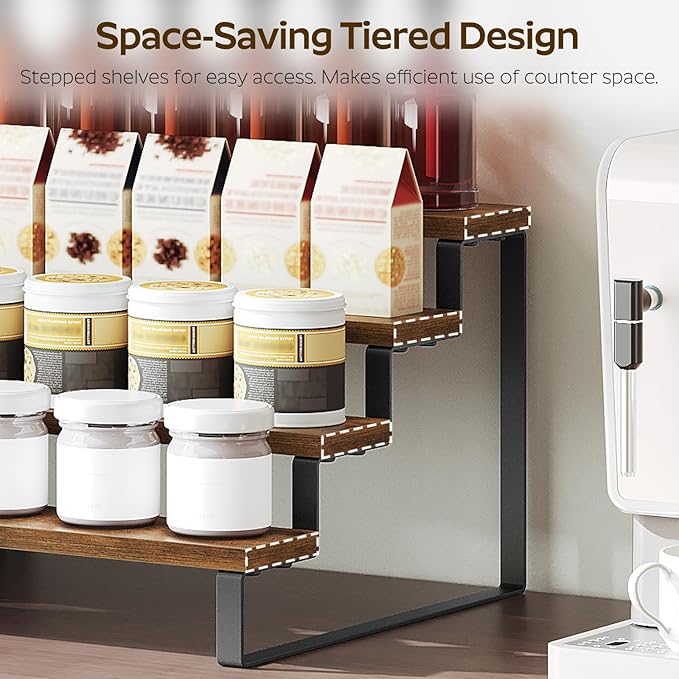 YATINEY Spice Rack, 4 Tier Wooden Display Riser Stand, Kitchen Storage Organizer for Spices, Versatile Display Shelf, Space Saving, for Kitchen Countertop and Cabinet, Rustic Brown SR04L2BR