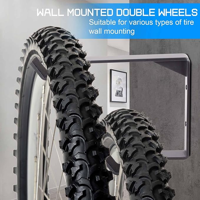 2 Pack Bike Wheel Rack Garage Wall Mount, Carbon Steel Storage Hook, Spare Bike Wheel Hangers for Garage, Indoor Vertical Bike Holder, Double Bike Wheel Spare Tire Rack, Easy to Install