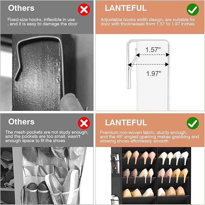 LANTEFUL Over the Door Shoe Organizer, Hanging Shoe Rack for Closet Door Shoe Storage for 30 Pairs Sneaker and Boots, Large Shoe Holder for Door with 10 Side Pockets, Space Saving, Black