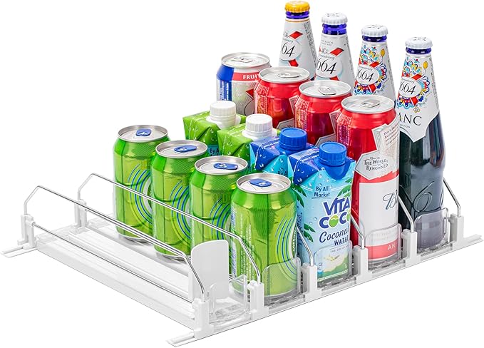 Drink Organizer for Fridge, Self-Pushing Soda Can Organizer for Counter Refrigerator, Width Adjustable Pusher Glide, White, 12”depth-5rows