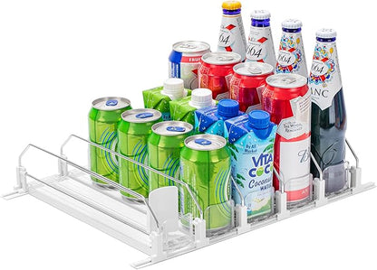 Drink Organizer for Fridge, Self-Pushing Soda Can Organizer for Counter Refrigerator, Width Adjustable Pusher Glide, White, 12”depth-5rows