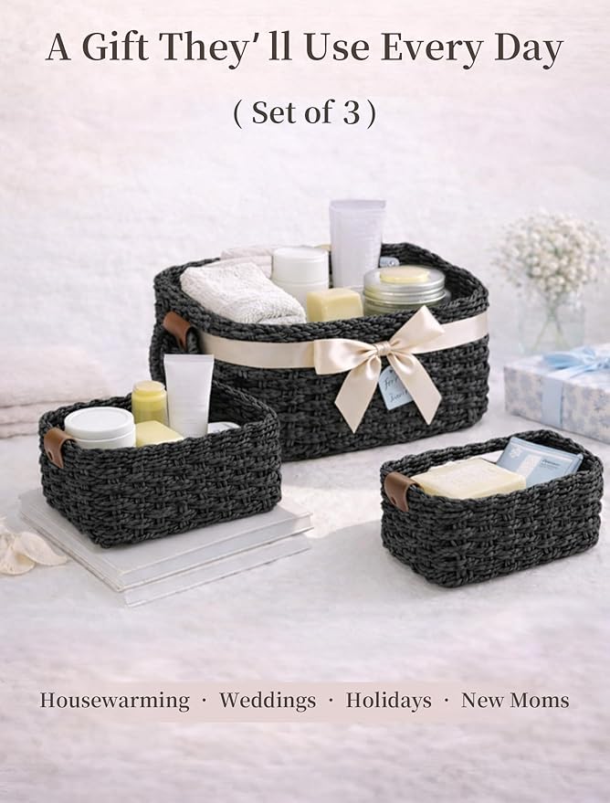 Storage Basket, Recycled Paper Rope Bathroom Basket Organizer, 3Pcs Small Baskets for Organizing, Mini wicker Basket for Decorative Storage Bins, Shelves, Bathroom, Cabinet - Black